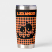 Halloween Jack-O-Lantern Orange & Black Plaid Name Thermobecher (Rückseite)