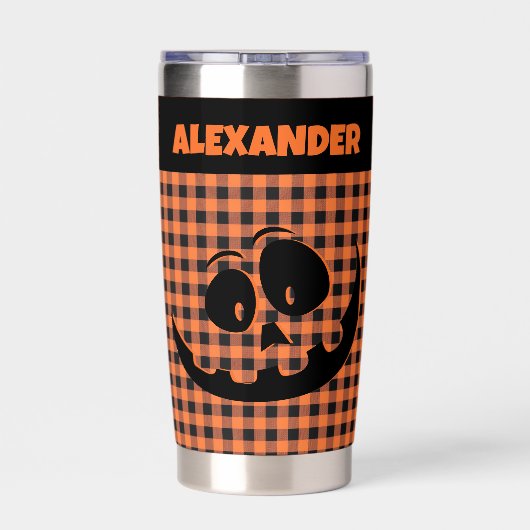Halloween Jack-O-Lantern Orange & Black Plaid Name Thermobecher (Rückseite)