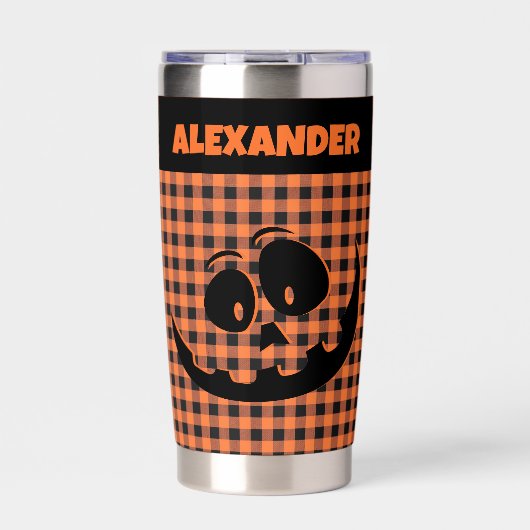 Halloween Jack-O-Lantern Orange & Black Plaid Name Thermobecher (Vorderseite)