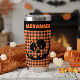 Halloween Jack-O-Lantern Orange und schwarzer Karo Thermobecher