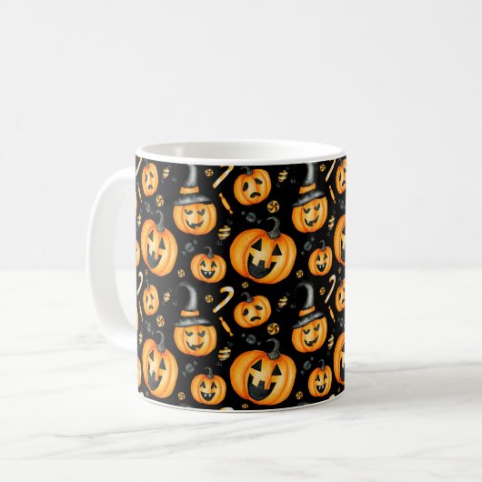 Halloween Jack-o-Lantern und Candy Pattern Kaffeetasse (Vorderseite Links)