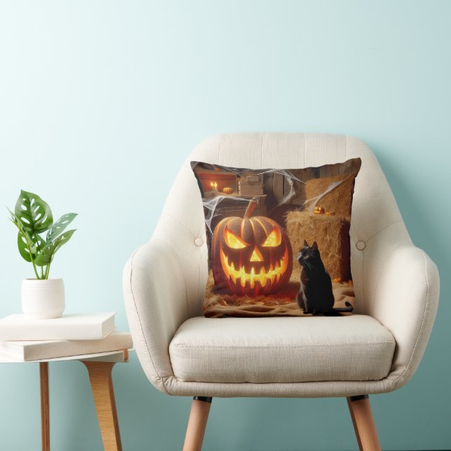 Halloween Jack-o-Lantern und Katze im Stall Kissen (Stuhl )
