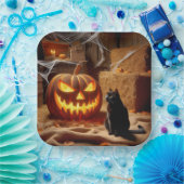 Halloween Jack-o-Lantern und Katze im Stall Pappteller (Party)