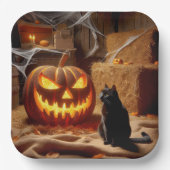 Halloween Jack-o-Lantern und Katze im Stall Pappteller (Vorderseite)