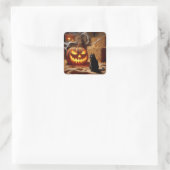 Halloween Jack-o-Lantern und Katze im Stall Quadratischer Aufkleber (Tasche)
