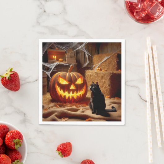 Halloween Jack-o-Lantern und Katze im Stall Serviette (Beispiel)
