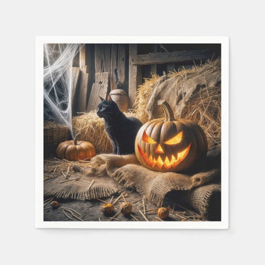 Halloween Jack-o-Lantern und Katze im Stall Serviette (Vorderseite)