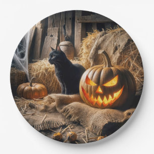 Halloween Jack-o-Lantern und Katze in der Scheune Pappteller