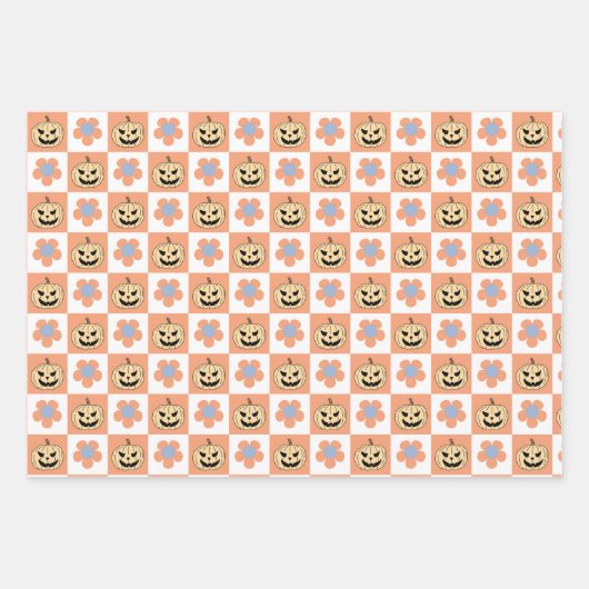 Halloween Jack-o-Laternen und daisy Schachbrett Geschenkpapier Set (Vorderseite 2)