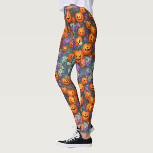 Halloween-Jack-o'-Laternen und violette Blumen Leggings