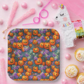 Halloween-Jack-o'-Laternen und violette Blumen Pappteller (Party)