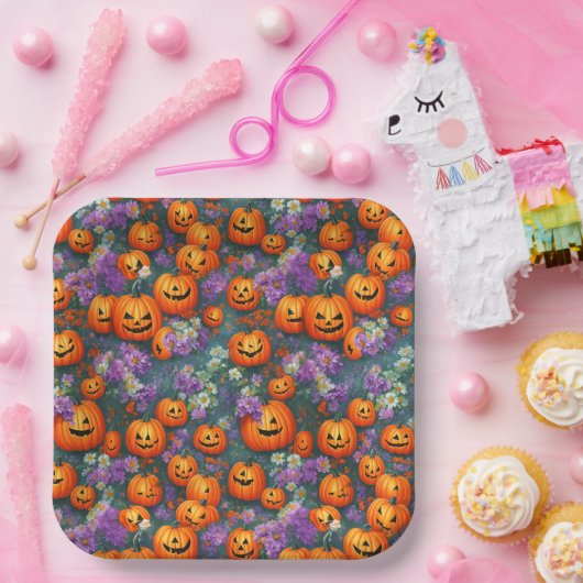 Halloween-Jack-o'-Laternen und violette Blumen Pappteller (Party)