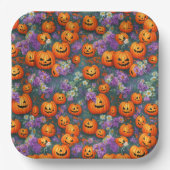 Halloween-Jack-o'-Laternen und violette Blumen Pappteller (Vorderseite)