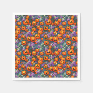 Halloween-Jack-o'-Laternen und violette Blumen Serviette