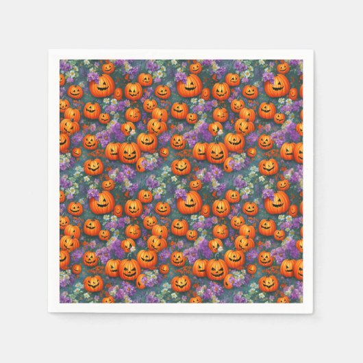 Halloween-Jack-o'-Laternen und violette Blumen Serviette (Vorderseite)