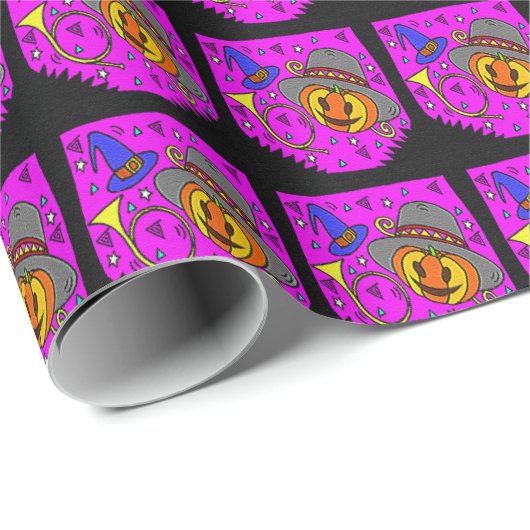 Halloween Jack O'Lantern Bugle Lila Muster Geschenkpapier (Rolleneckpunkt)