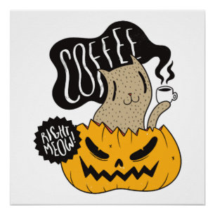 Halloween-Kaffeekatze - Süße Halloween-Katze trink Poster