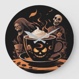Halloween-Kaffeekunst – Gruseliger Latte mit Skele Große Wanduhr