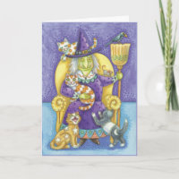 Halloween-Karte mit Hexe und Losen Katzen