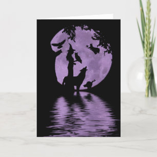 Halloween-Karte mit Hexen, Wolf, Eule und schwarze Karte