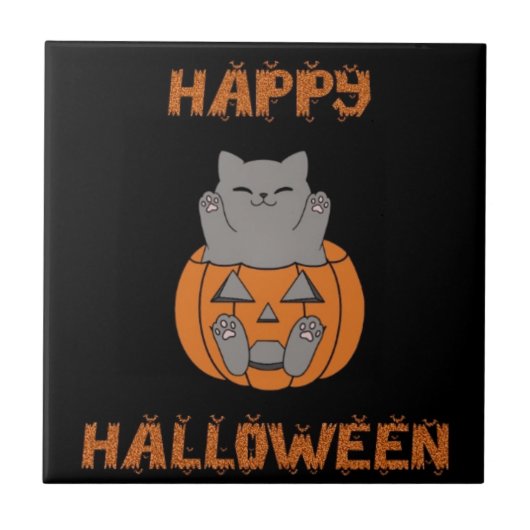 Halloween kat pompoen tegeltje fliese (Vorderseite)