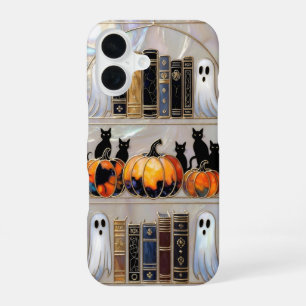 Halloween-Katz-Geister-Handyhülle Kürbis Bücherreg iPhone 16 Hülle