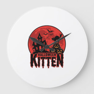Halloween-Kätzchen Spukhaus Katze Grafik_1 Große Wanduhr