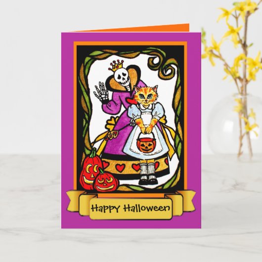 Halloween-Katze als Alice Karte (Gelbe Blume)