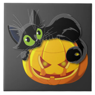 Halloween-Katze auf Kürbiskugel Fliese
