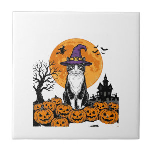 Halloween-Katze Hexe Kürbis Vintage Gruselig_1 Fliese