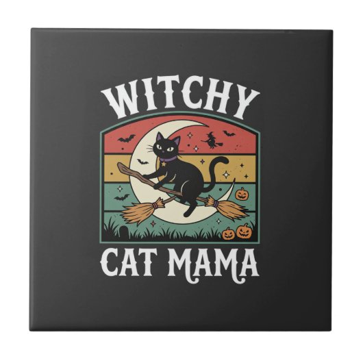 Halloween-Katze Hexen-Mama Fliese (Vorderseite)