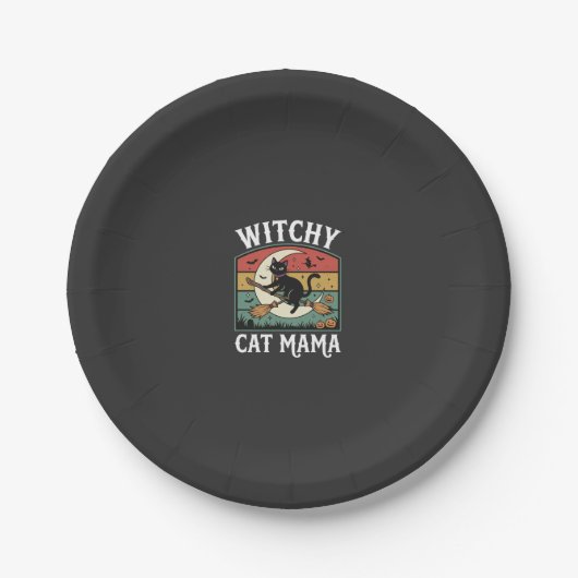 Halloween-Katze Hexen-Mama Pappteller (Vorderseite)