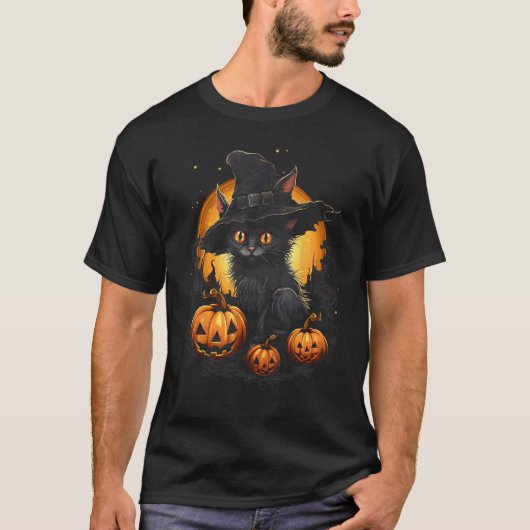Halloween-Katze Hexenhut JackOLantern T-Shirt (Vorderseite)