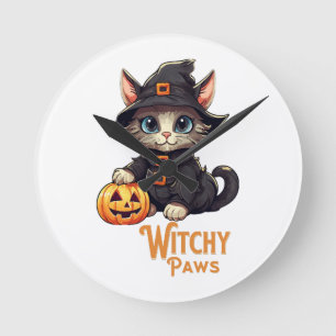 Halloween-Katze Hexenpfoten Runde Wanduhr