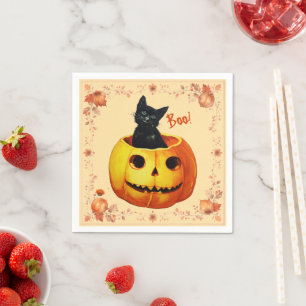 Halloween-Katze im Kürbiskissen Serviette