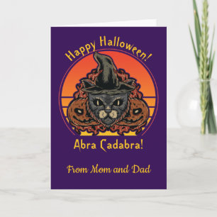 Halloween-Katze in Hexenhut Abra Kadabra Vintage Karte