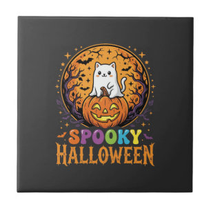 Halloween-Katze Kürbis Mond Vintage-Design Fliese