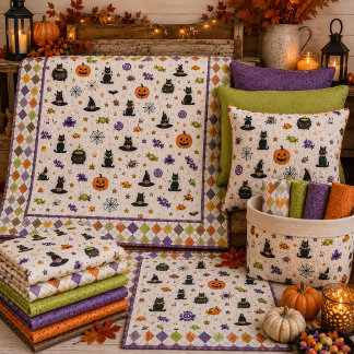 Halloween-Katze Kürbisse Hexenhüte Lila Orange Stoff