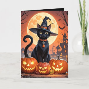 Halloween-Katze mit Kürbis-Faltkarte Feiertagskarte