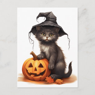 Halloween-Katze mit Kürbis Feiertagspostkarte