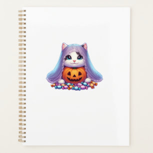 Halloween-Katze mit Kürbis und Süßigkeiten Langarm Planer
