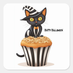 Halloween-Katze mit Muffin Quadratischer Aufkleber