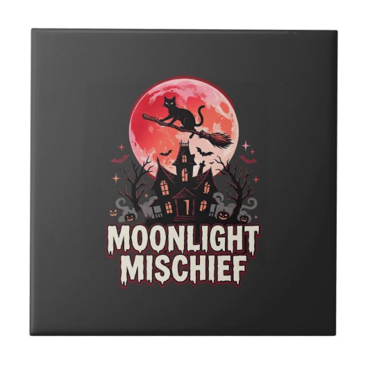 Halloween-Katze Mondlicht Unfug Fliese (Vorderseite)