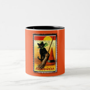 Halloween-Katze sitzt Hexenhut Zweifarbige Tasse