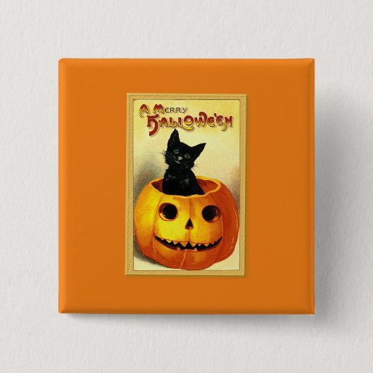 Halloween-Katze sitzt in Jack O Lantern Button (Vorderseite)