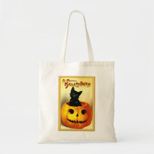 Halloween-Katze sitzt in Jack O Lantern Tragetasche