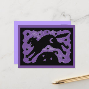 HALLOWEEN-KATZE SPRINGT ÜBER KURBIS, SCHWARZ & PUR FEIERTAGSPOSTKARTE