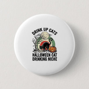 Halloween-Katze trinkt Vintage-Mond-Party-Shirt_1 Button