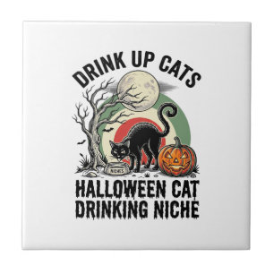 Halloween-Katze trinkt Vintage-Mond-Party-Shirt_1 Fliese