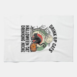 Halloween-Katze trinkt Vintage-Mond-Party-Shirt_1 Geschirrtuch